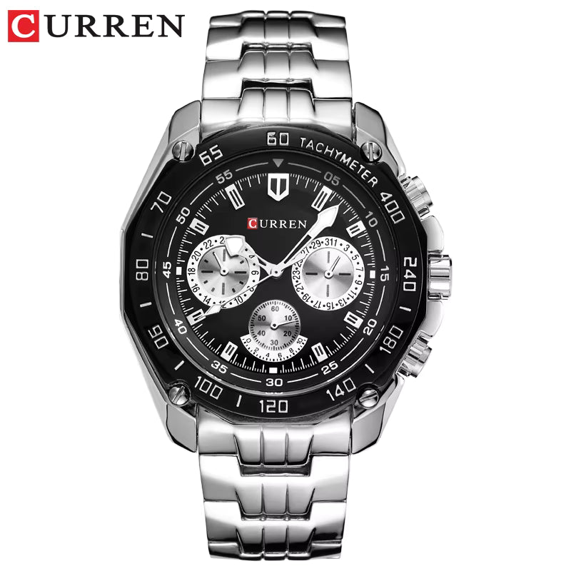 Curren 8077 men’s quartz watch with stainless steel band, black bezel, and industrial dial design
