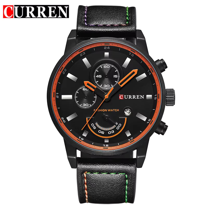 Curren 8217 men’s quartz watch with black leather band, black case, black dial, and rainbow iridescent stitching
