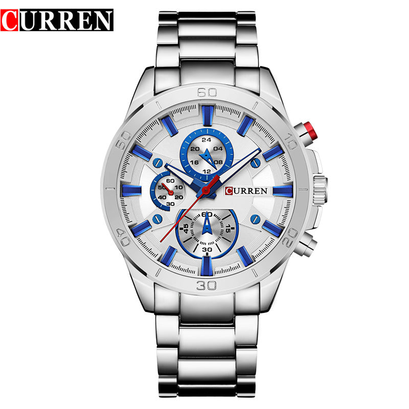 Curren 8275 men’s quartz watch with stainless steel band, silver bezel, and white dial