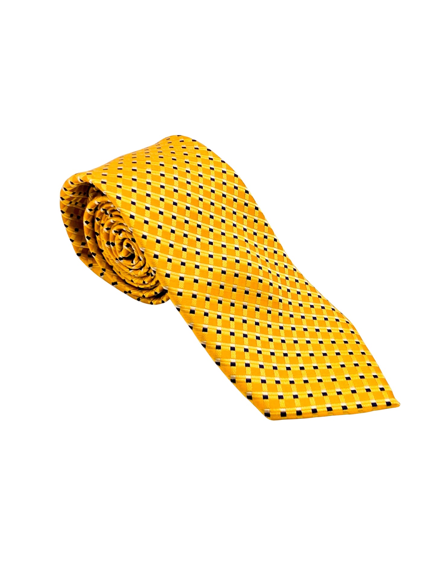 Yellow checkered necktie with blue and white pattern