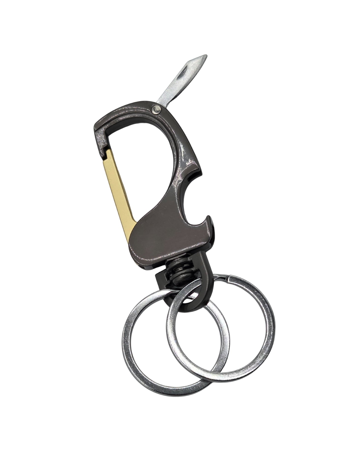 Iron Nighthawk Supply gunmetal and gold carabiner keychain with bottle opener, small blade, and dual key rings
