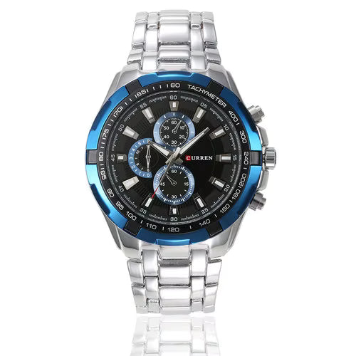 Curren 8023 men’s quartz watch with silver stainless steel band, blue bezel, and black dial