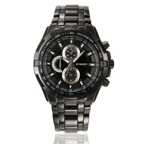 Curren 8023 men’s quartz watch with black stainless steel band, black bezel, and black dial