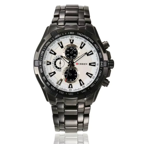 Curren 8023 men’s quartz watch with black stainless steel band, black bezel, and white dial