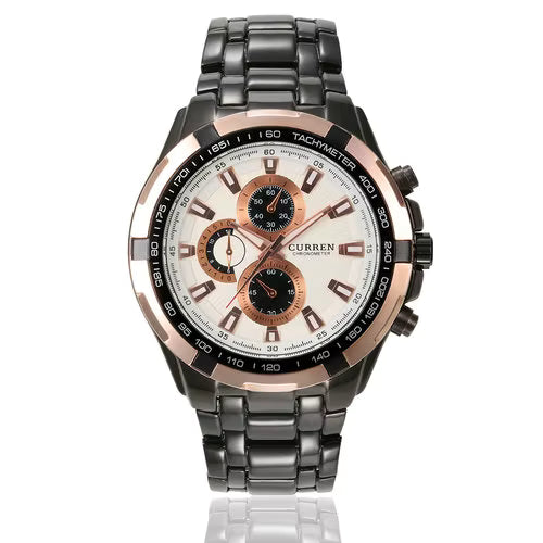 Curren 8023 men’s quartz watch with black stainless steel band, rose gold bezel, and white dial