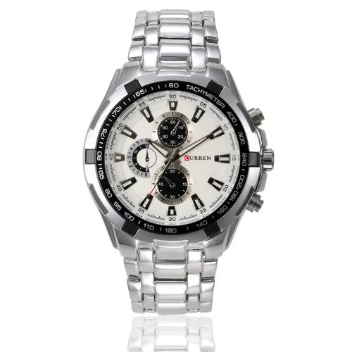 Curren 8023 men’s quartz watch with silver stainless steel band, black bezel, and white dial