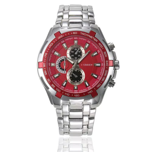 Curren 8023 men’s quartz watch with silver stainless steel band, red bezel, and red dial