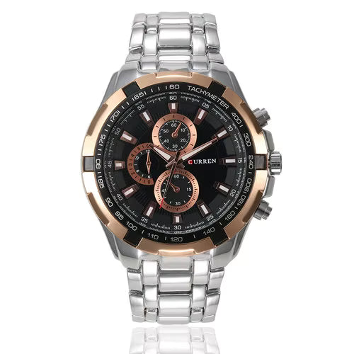 Curren 8023 men’s quartz watch with silver stainless steel band, rose gold bezel, and black dial