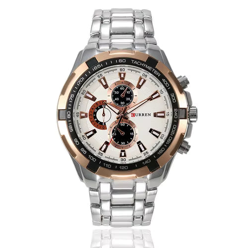 Curren 8023 men’s quartz watch with silver stainless steel band, rose gold bezel, and white dial