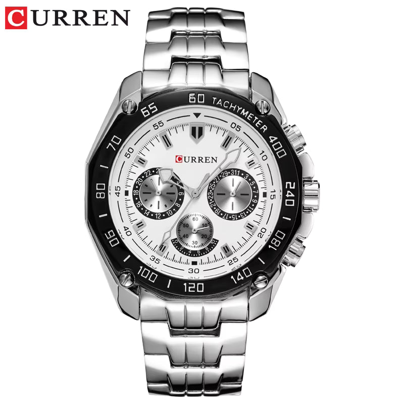 Curren 8077 men’s quartz watch with stainless steel band, black bezel, and industrial dial design