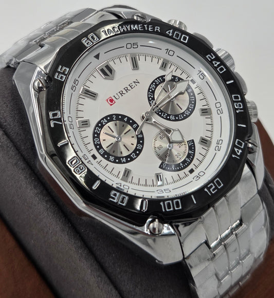 Curren 8077 men’s quartz watch with stainless steel band, black bezel, and industrial dial design