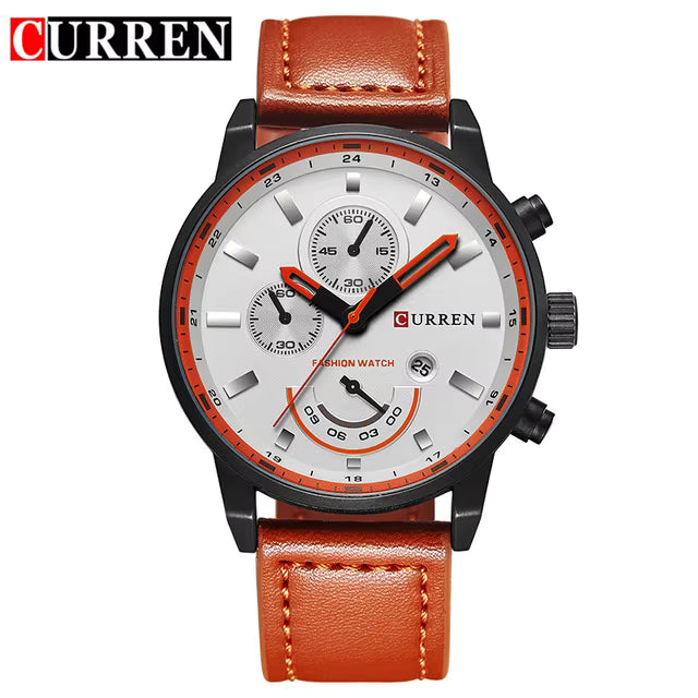 Curren 8217 men’s quartz watch with brown leather band, black case, and white dial