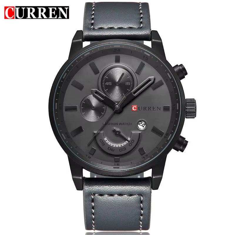 Curren 8217 men’s quartz watch with dark gray leather band, black case, and dark gray dial