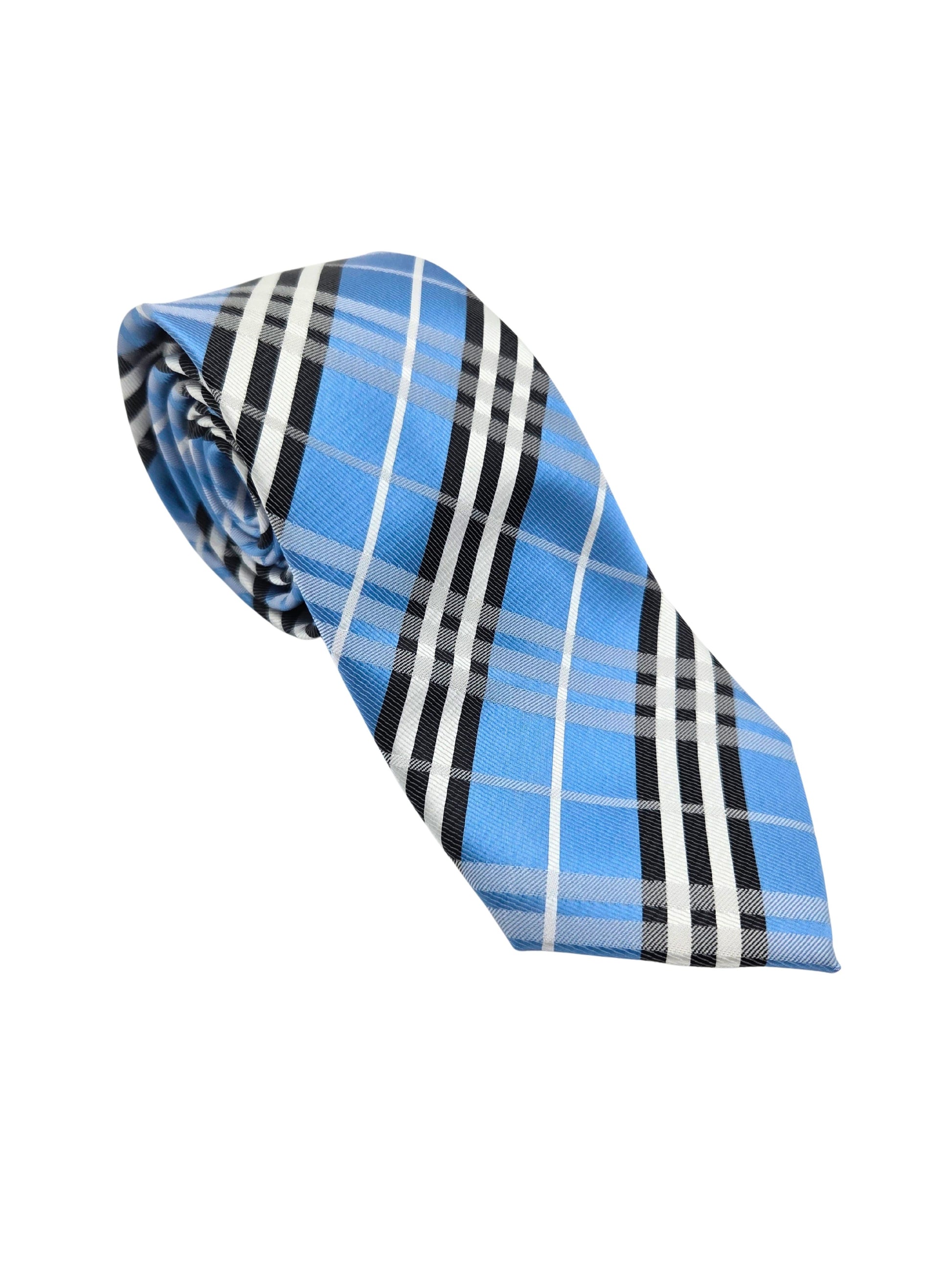 Light blue, white, and black plaid necktie for men