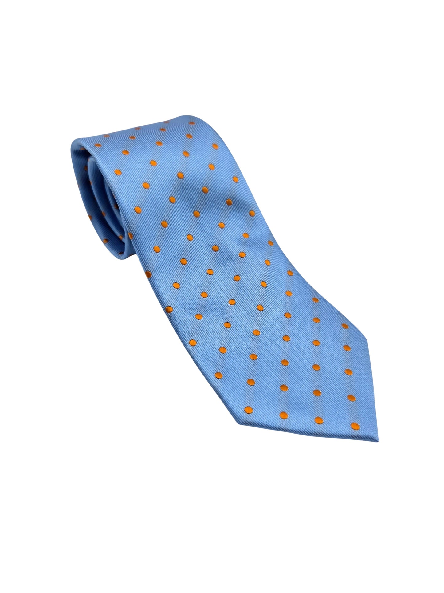 Light blue polka dot necktie with orange dots