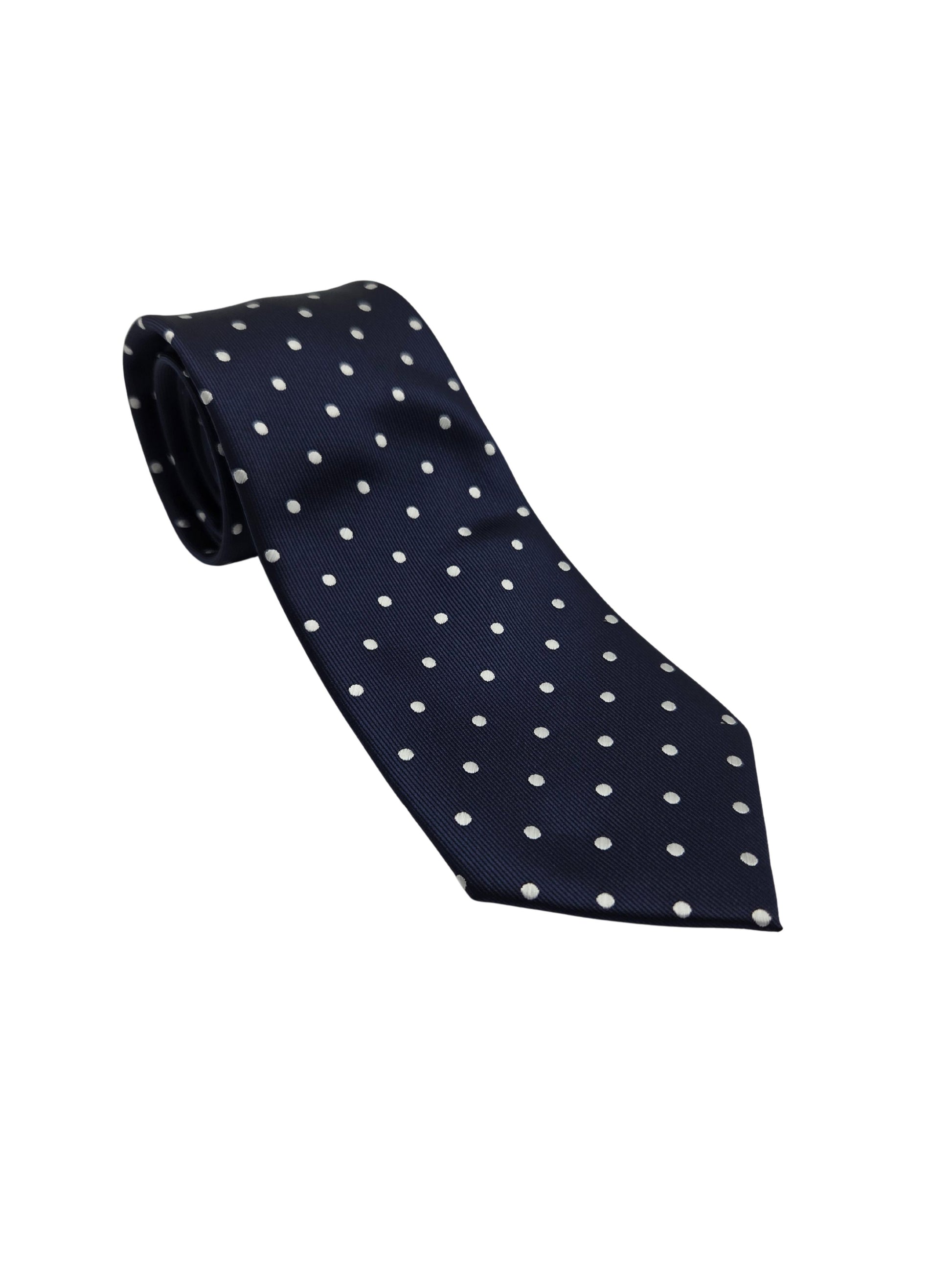 Alt text: Navy polka dot necktie with white dots for men