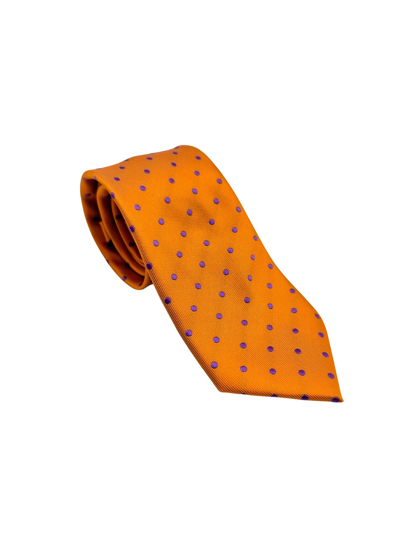 Orange polka dot necktie with purple dots