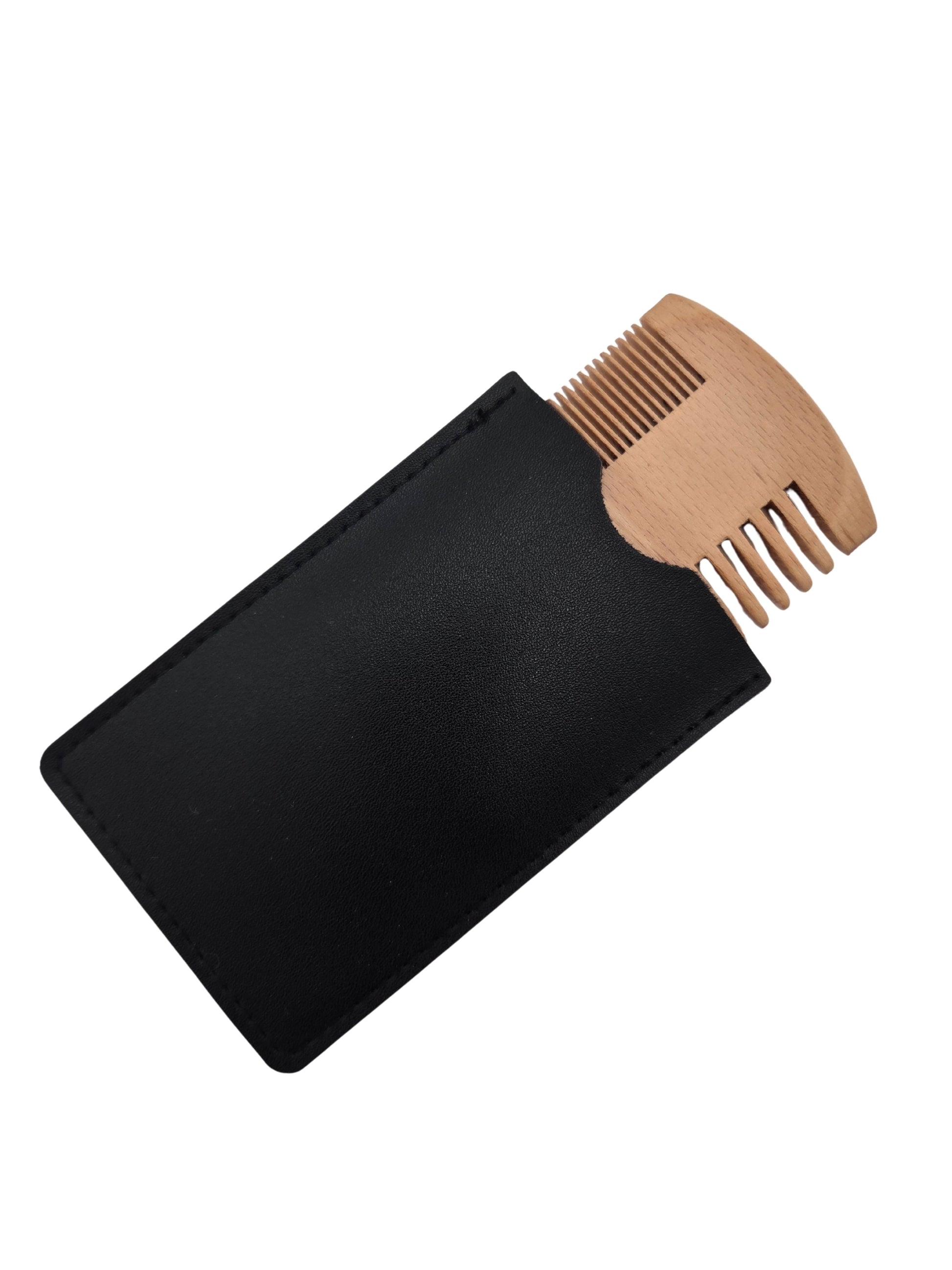 Iron Nighthawk Supply bamboo beard comb with dual tooth design and protective pouch