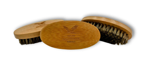 Iron Nighthawk Supply beard brush with bamboo handle and boar bristles for thick beards