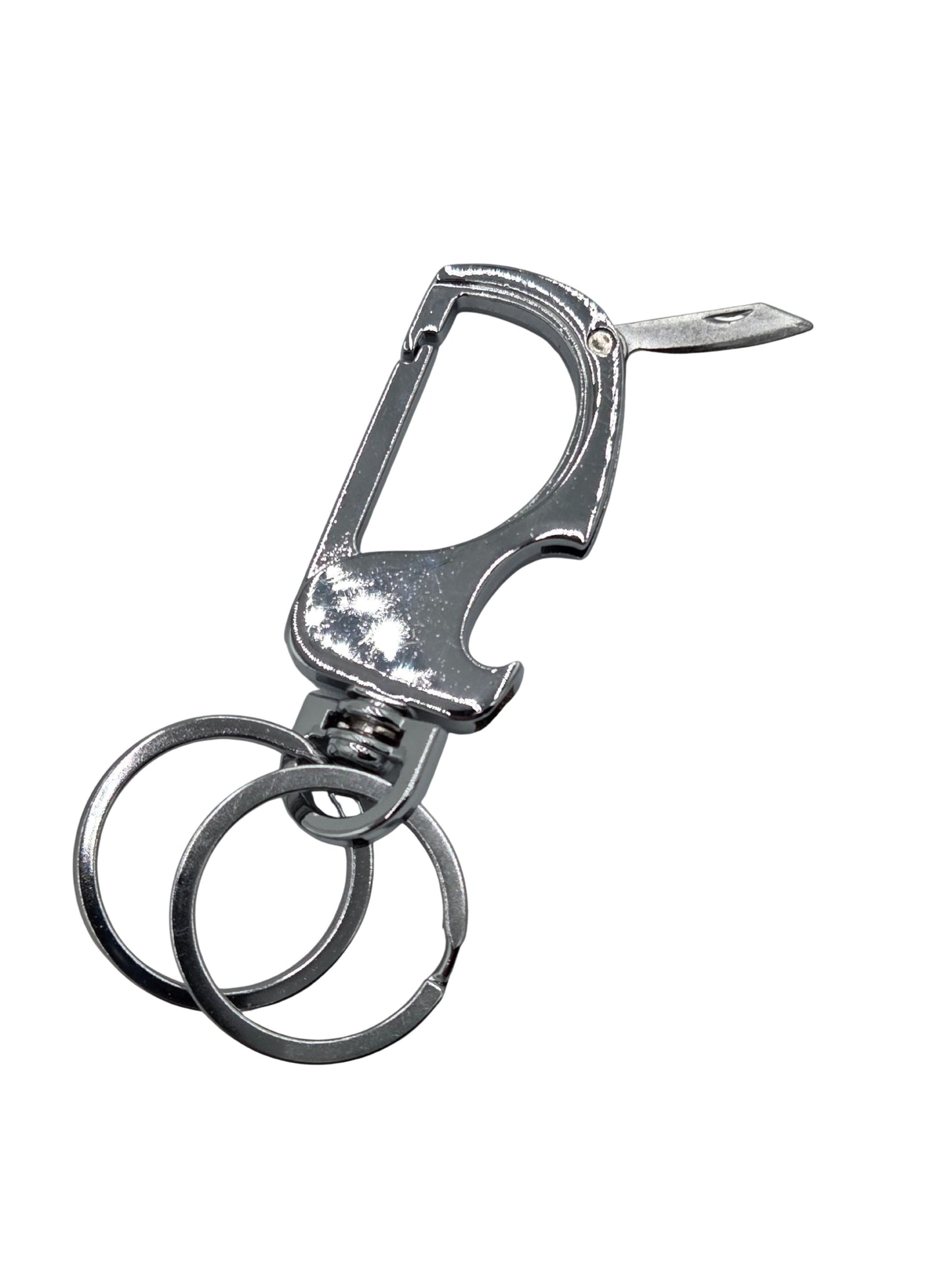 Iron Nighthawk Supply chrome carabiner keychain with bottle opener, small blade, and dual key rings