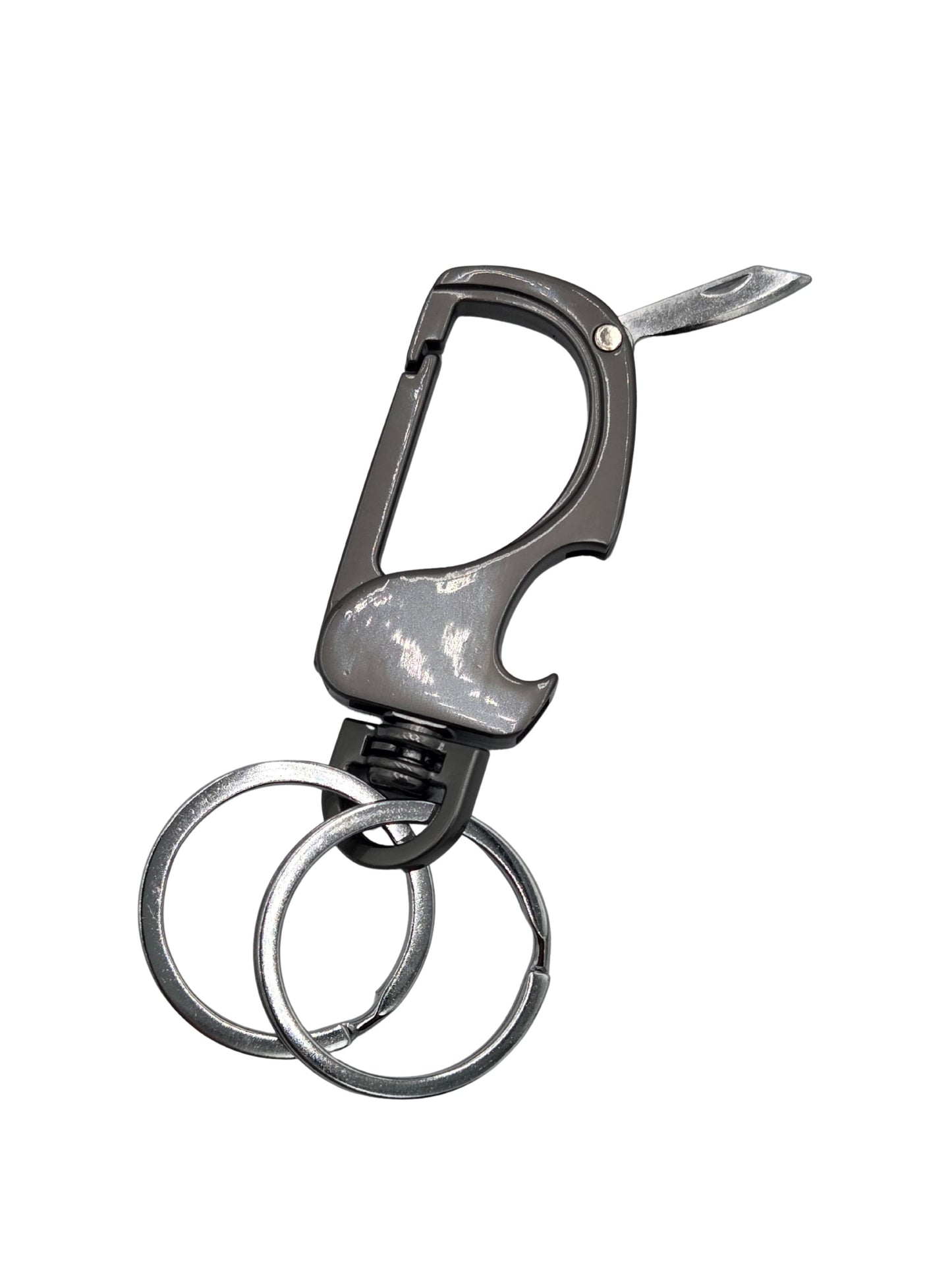 Iron Nighthawk Supply gunmetal carabiner keychain with bottle opener, small blade, and dual key rings